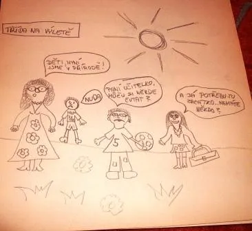 Komix: Paní učitelka s žáky pozoruje přírodu